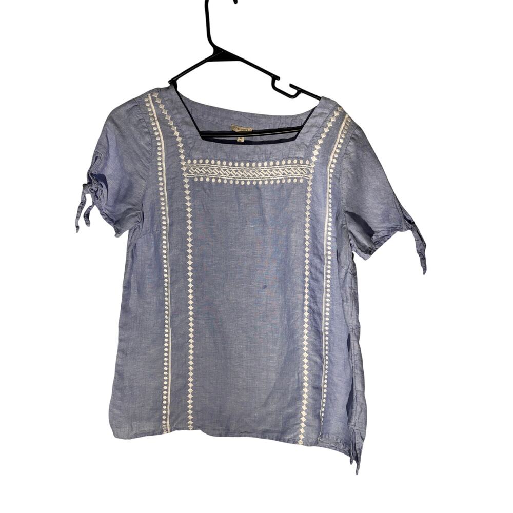 Talbots Blue Linen Blend Embroidered Boho Blouse - Size M